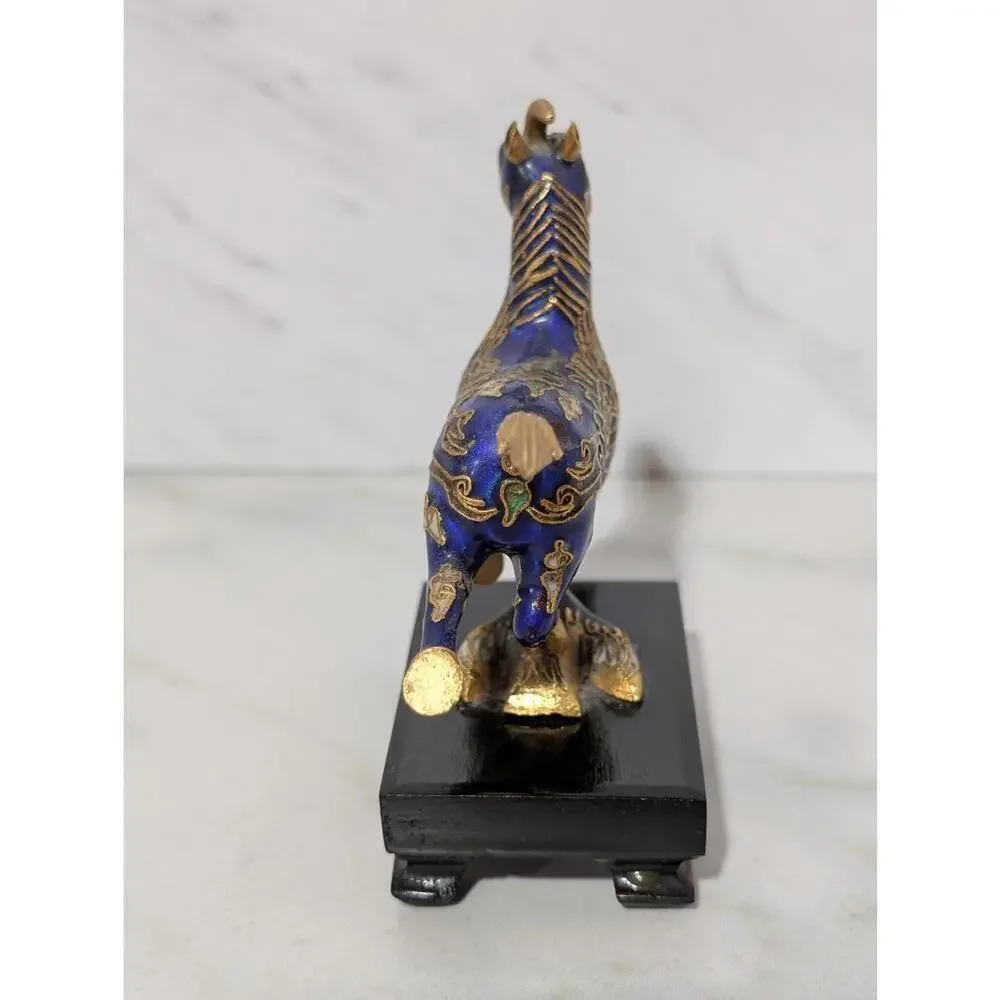 Decorative Cloisonné Horse Miniature Figurine on Black Enamel Wooden Base